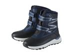Pair of navy blue and black children's winter boots with white soles and velcro straps