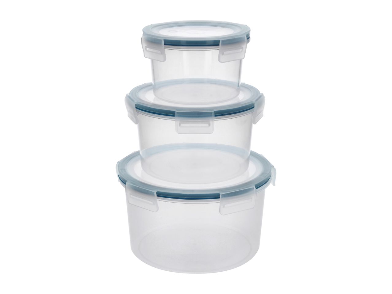 Stack of three clear round food storage containers with blue-grey locking lids.