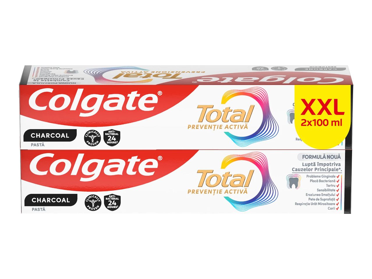 Două tuburi de pastă de dinți cu cărbune, cu acțiune antibacteriană de 24 de ore, în pachet XXL.