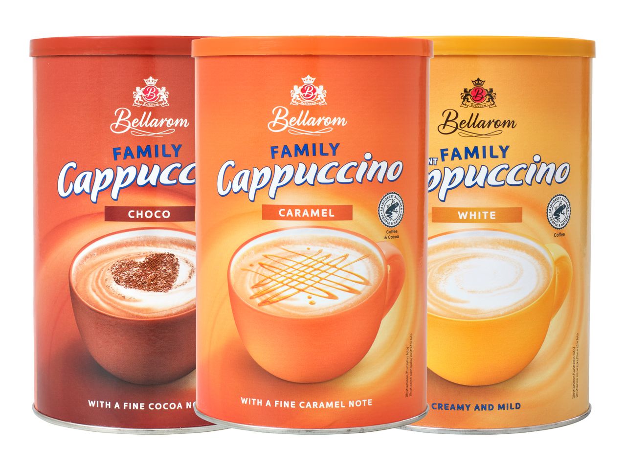Kolm purki Bellarom Family Cappuccino't: šokolaadi, karamelli ja valge maitsega.