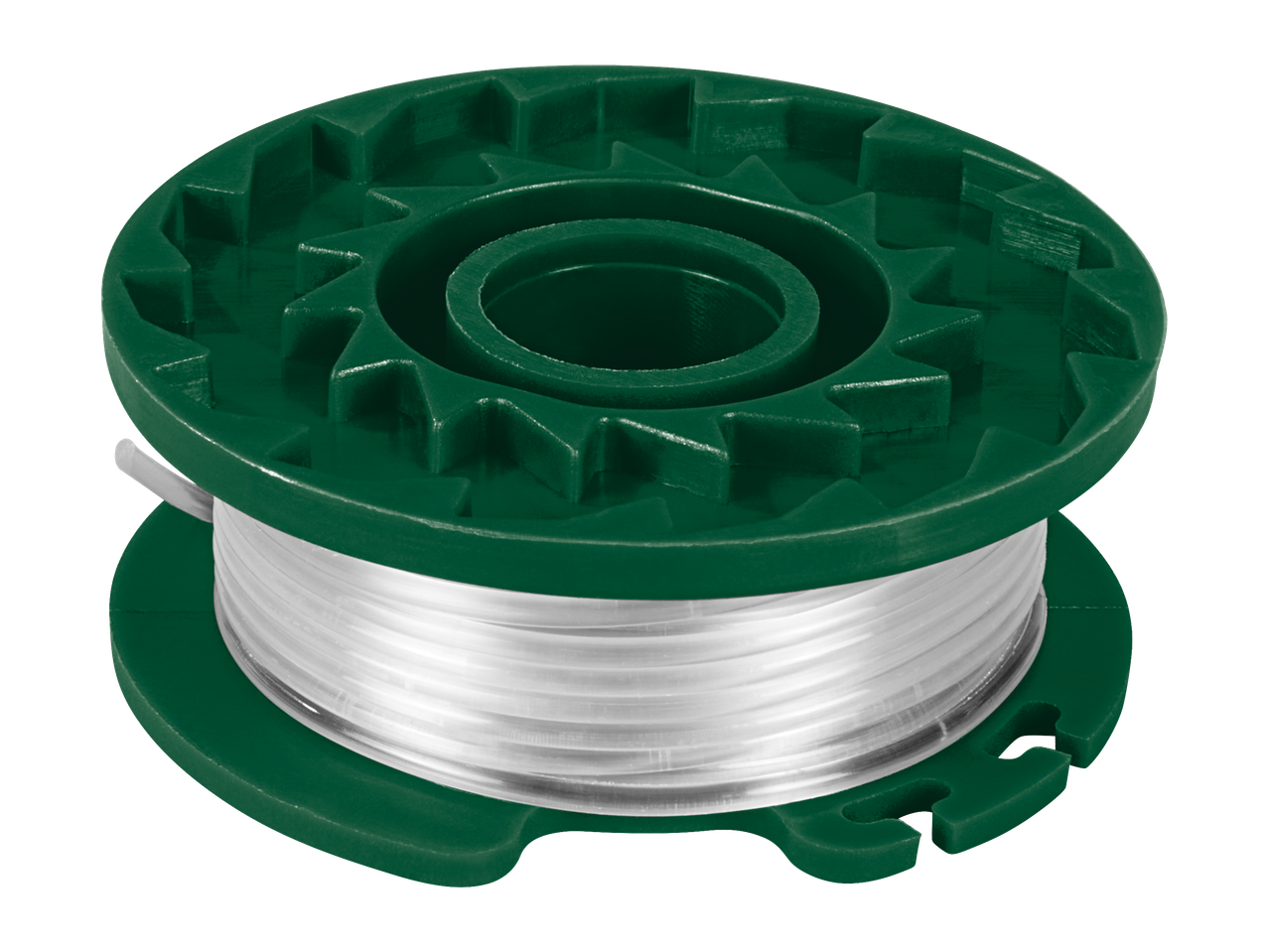 Bobine de fil de coupe-bordure vert avec fil de nylon transparent.