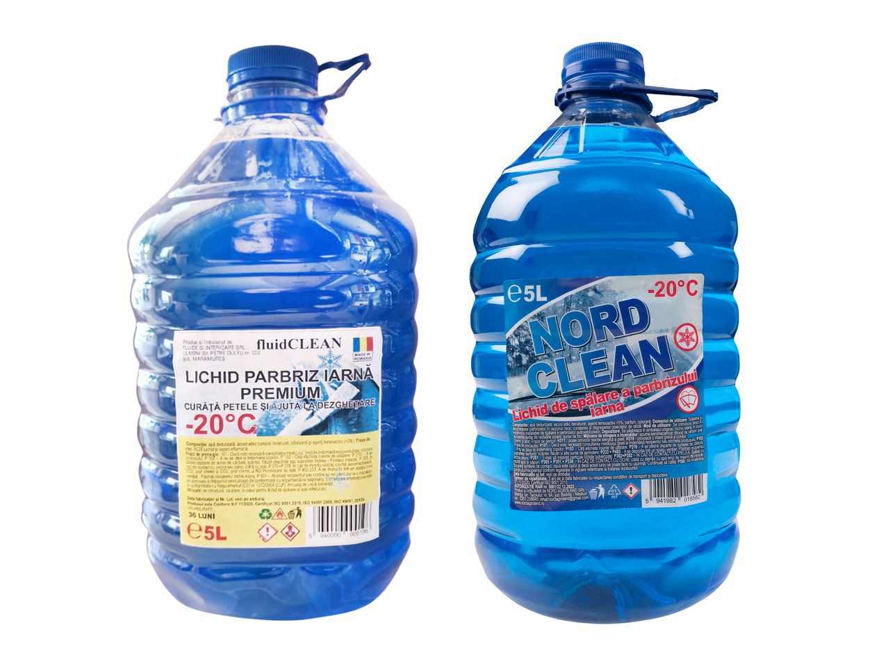 Două bidoane de 5L de lichid de parbriz de iarnă, FluidClean și Nord Clean, rezistente la -20°C.