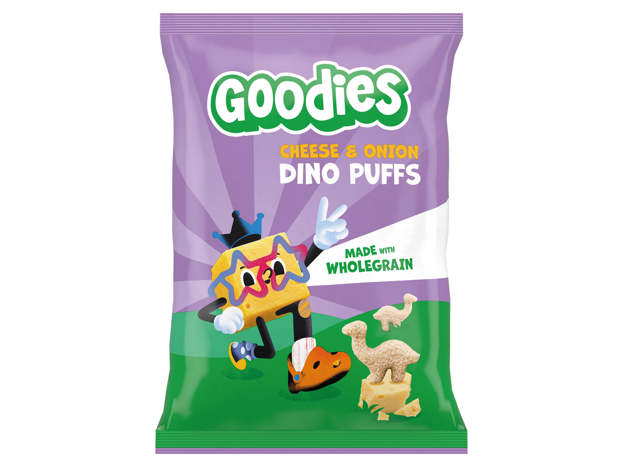 Saco de puffs de queijo e cebola com tema de dinossauro, feitos com cereais integrais.
