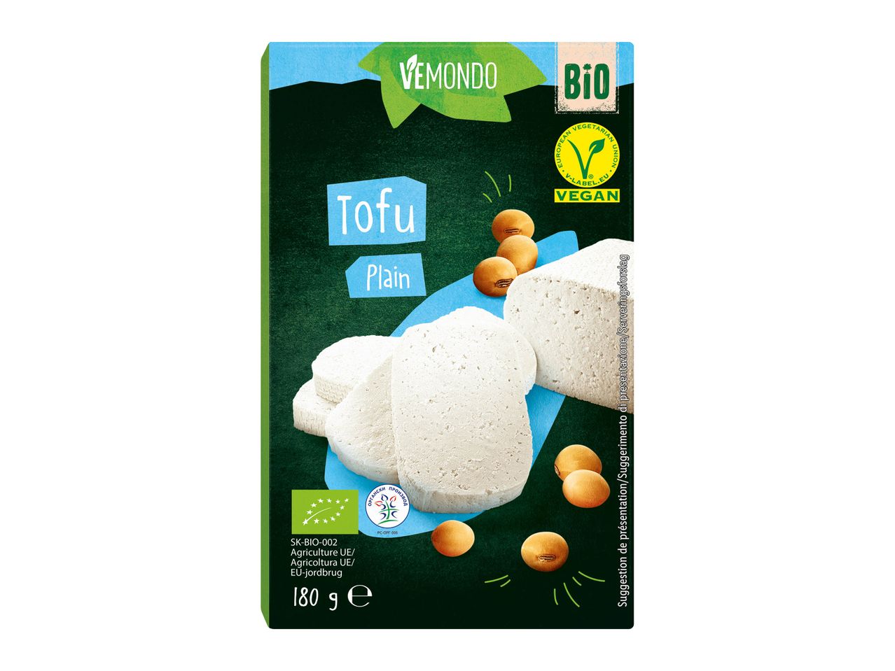 Emballage de tofu nature VEMOND BIO avec des morceaux de tofu et des graines de soja.