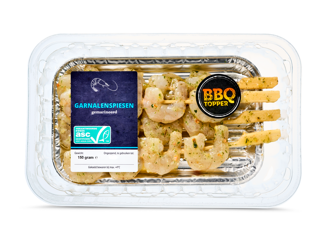 Gemarineerde BBQ Topper garnalenspiesjes, ASC gecertificeerd.