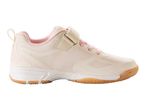 Beige and pink children's sneakers with Velcro.