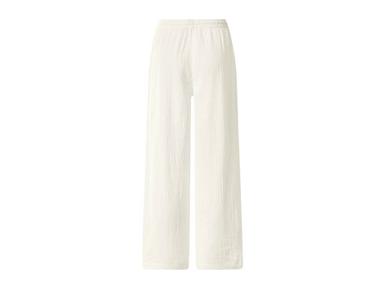 Cream-colored wide-leg trousers with an elastic waistband, made from a textured, crinkled fabric.