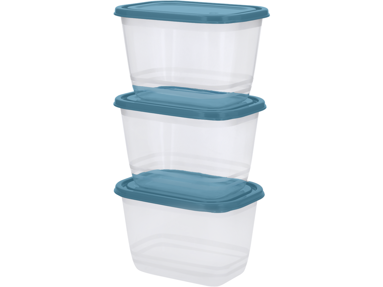 Trois boîtes de conservation SILVERCREST transparentes avec couvercles bleus empilées.