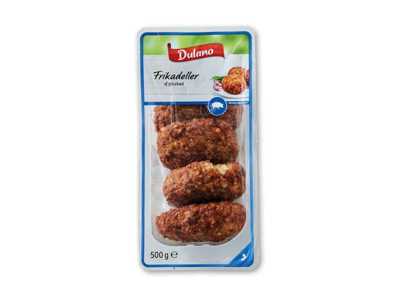 Dulamo frikadeller (500g) i plastikemballage.
