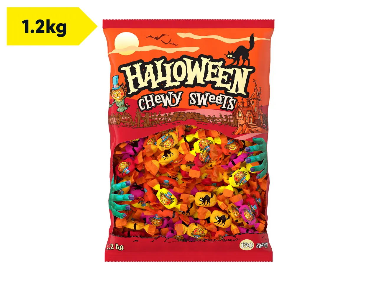 A 1.2kg bag of Halloween chewy sweets containing 190 individually wrapped candies.