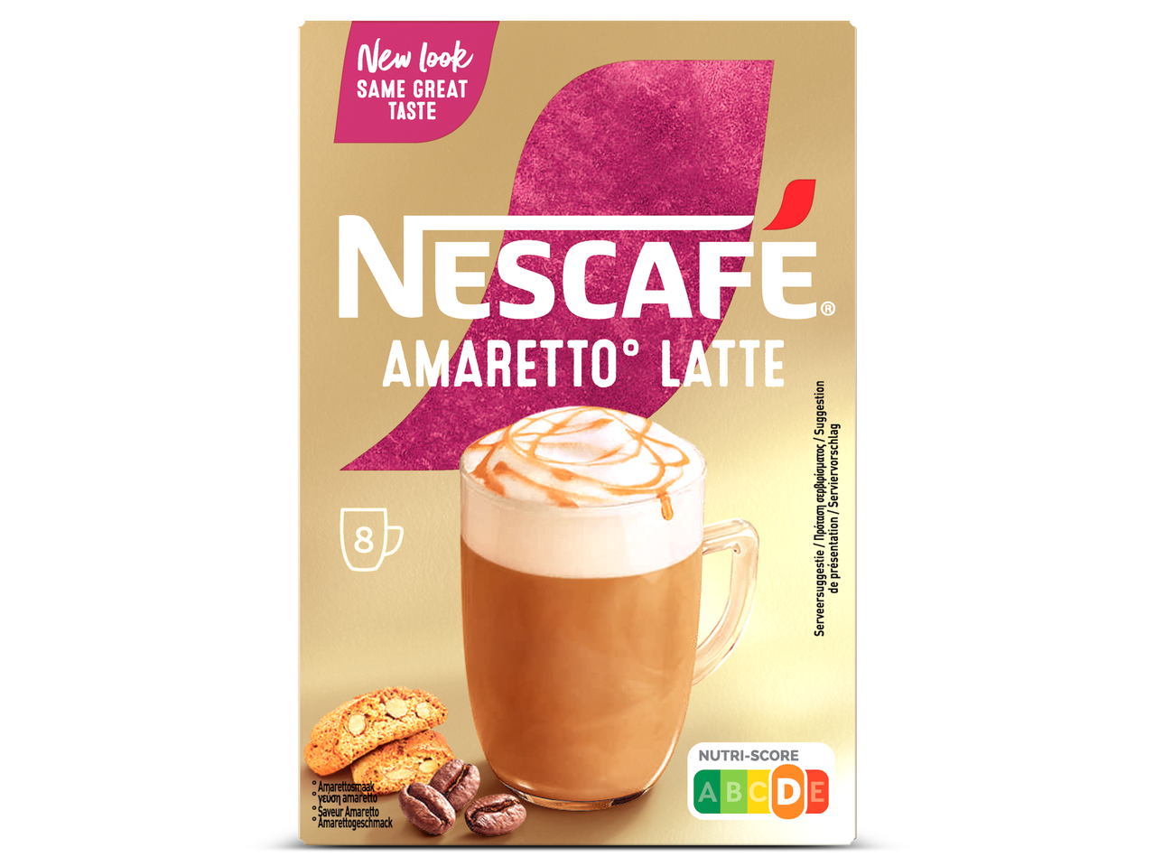 NESCAFÉ Amaretto Latte verpakking met een mok latte, cantuccini en koffiebonen.