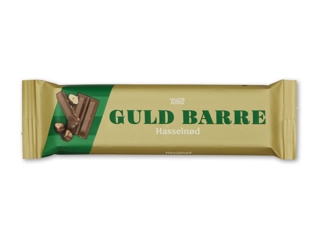 Guldbarre med hasselnødder i en gylden indpakning med grønne striber og chokoladebilleder.