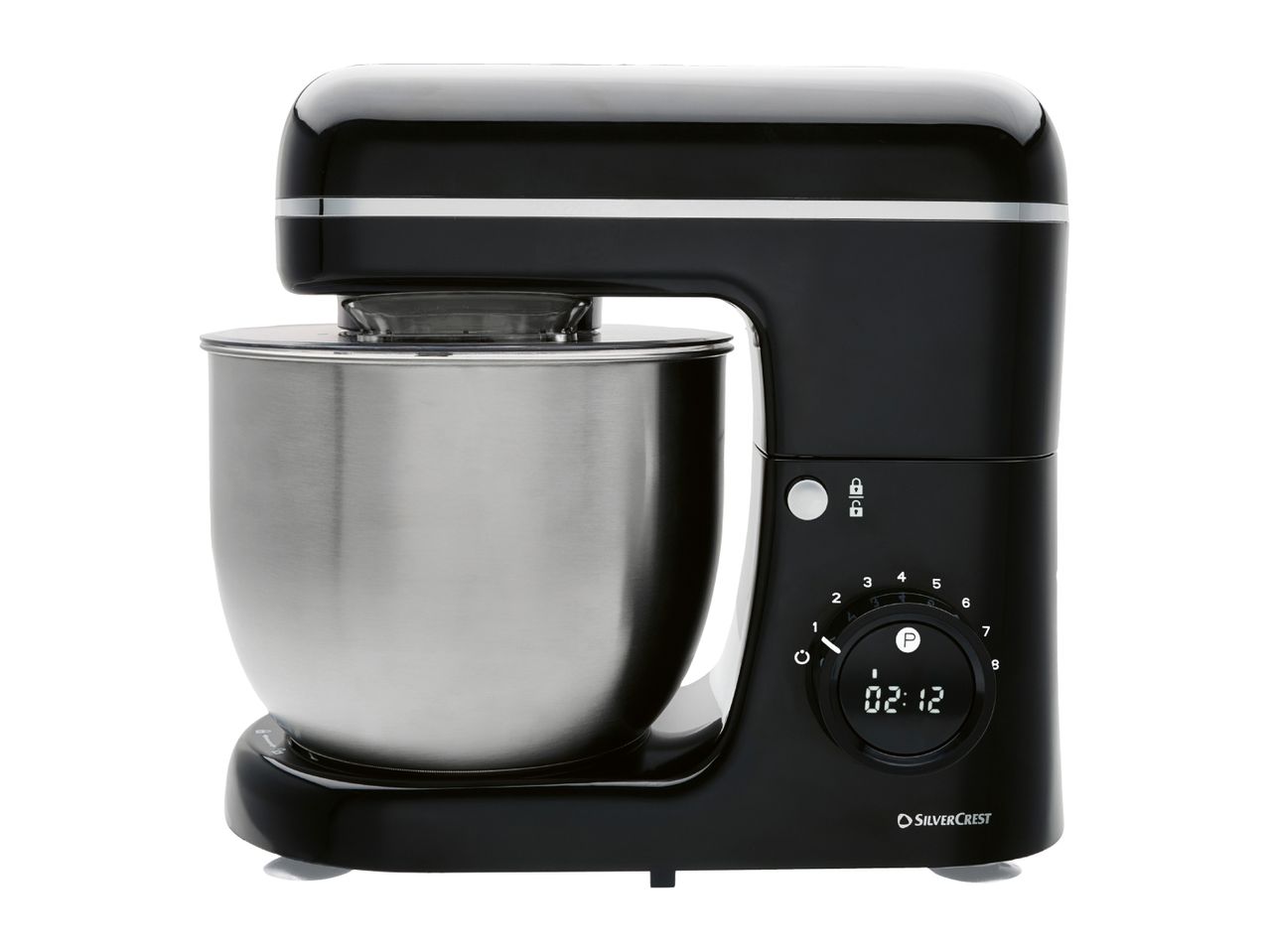 Black stand mixer with a stainless steel bowl and digital display showing 02:12.