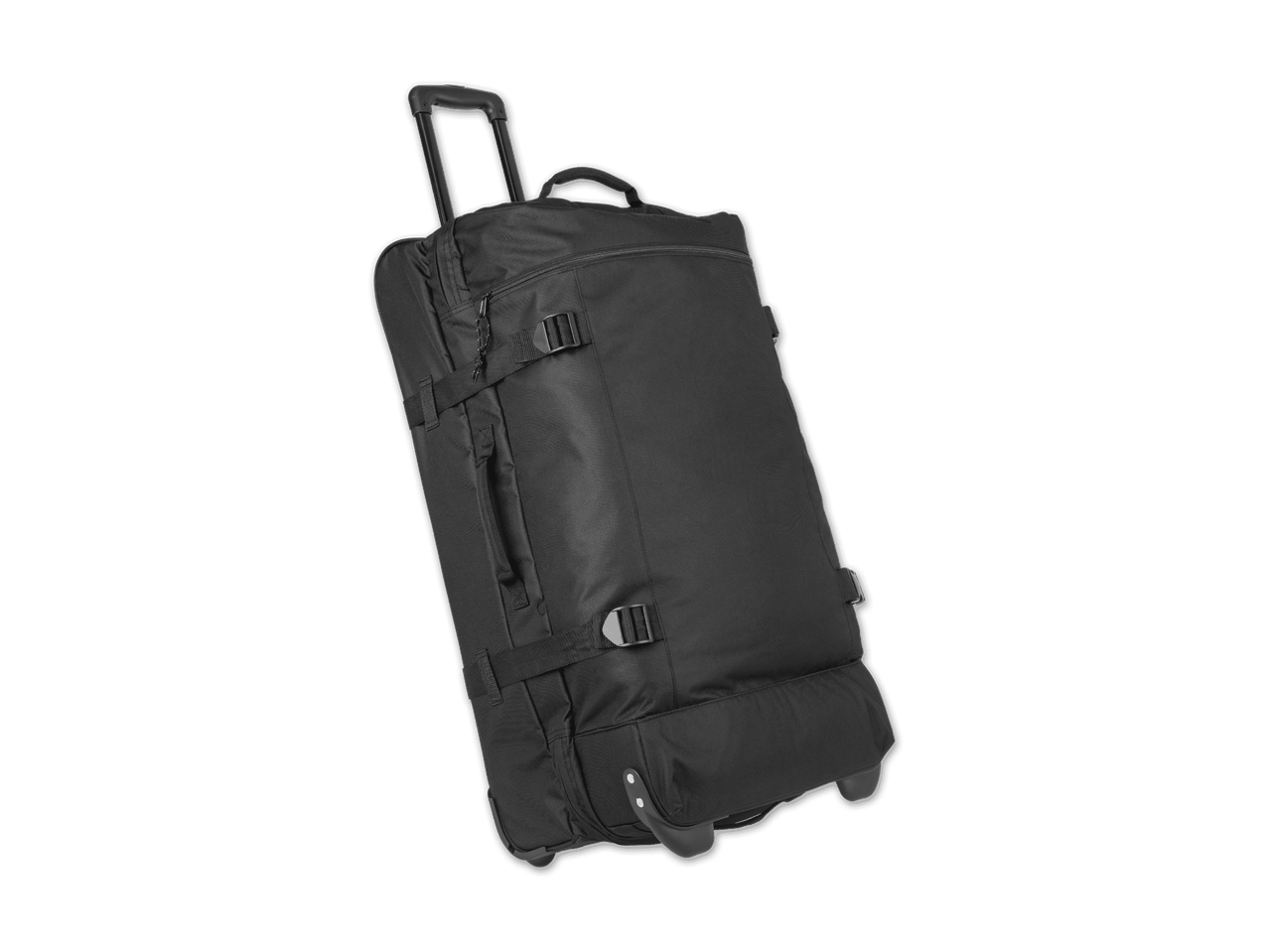 Schwarzer Rollreisetasche auf schwarzem Hintergrund.