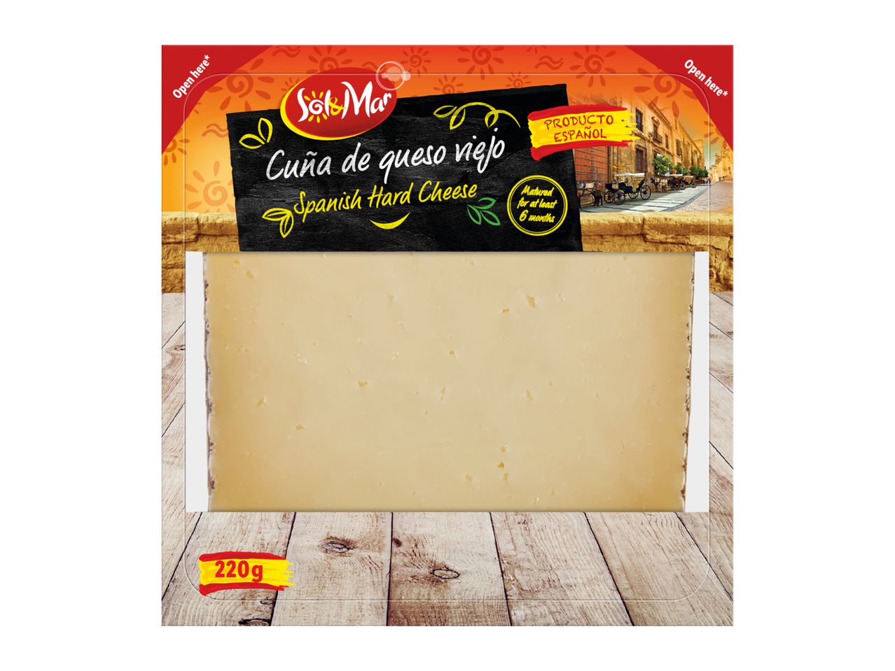 Spanish Hard Cheese wedge, matured for at least 6 months, 220g, with a Spanish street scene.