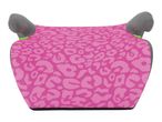 Pink leopard print booster car seat with gray armrests and green accents.