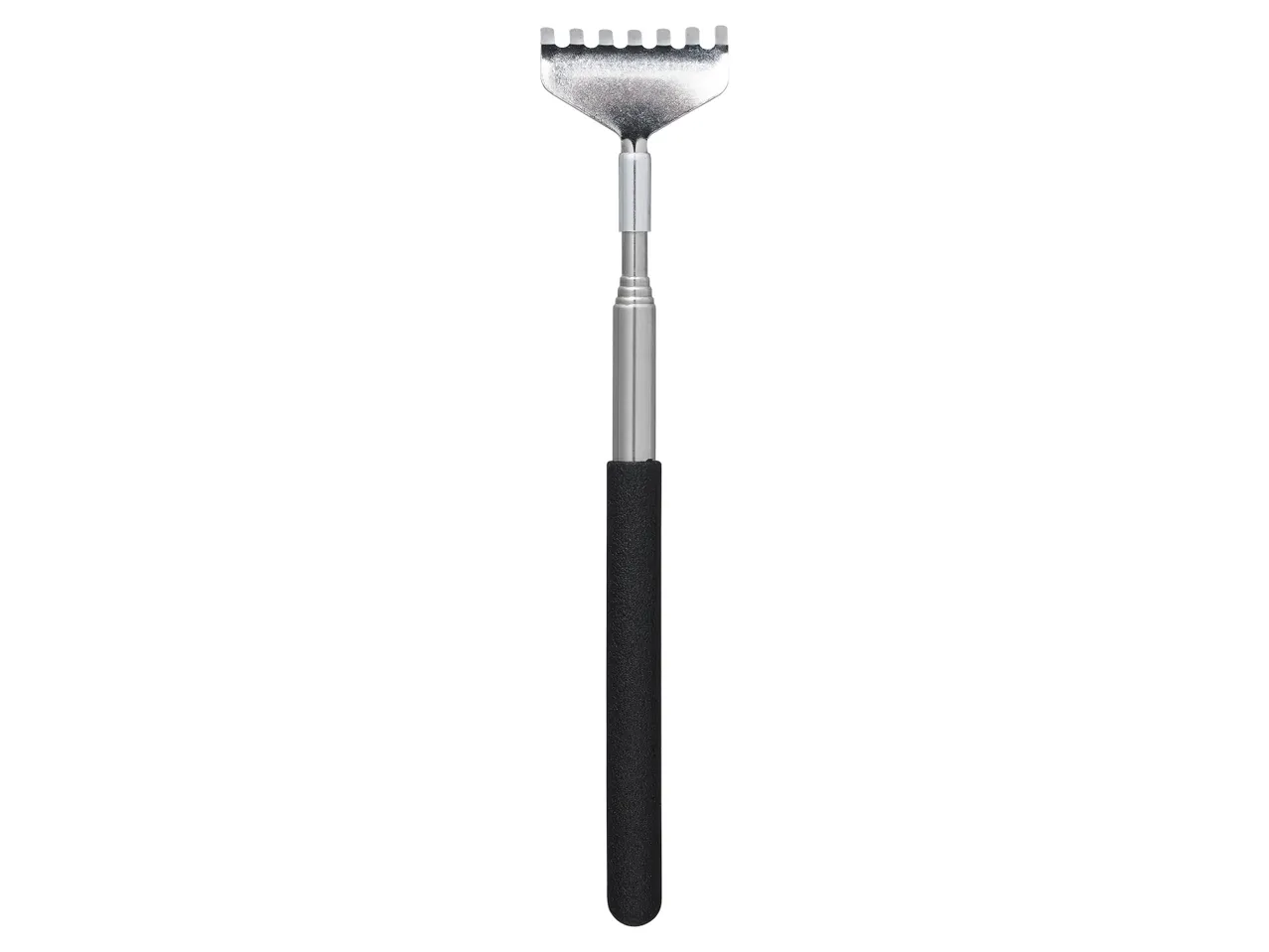 Telescopic back scratcher with a metal head and black handle.