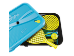Swingball Lite set with blue base, yellow rackets, and ball, on a black background.