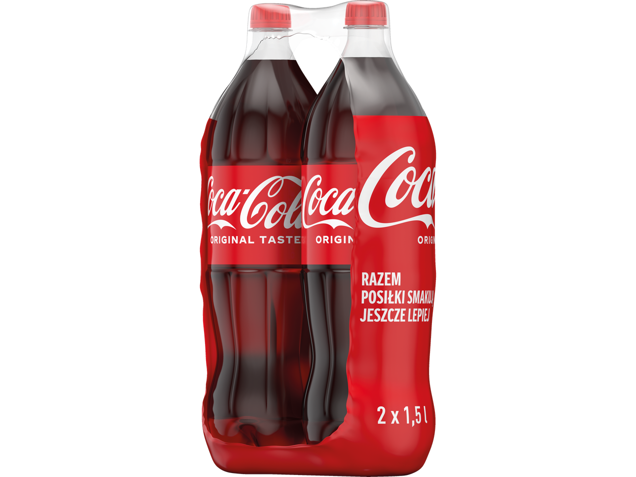 Kaks 1,5-liitrist Coca-Cola Original Taste pudelit pakendis.