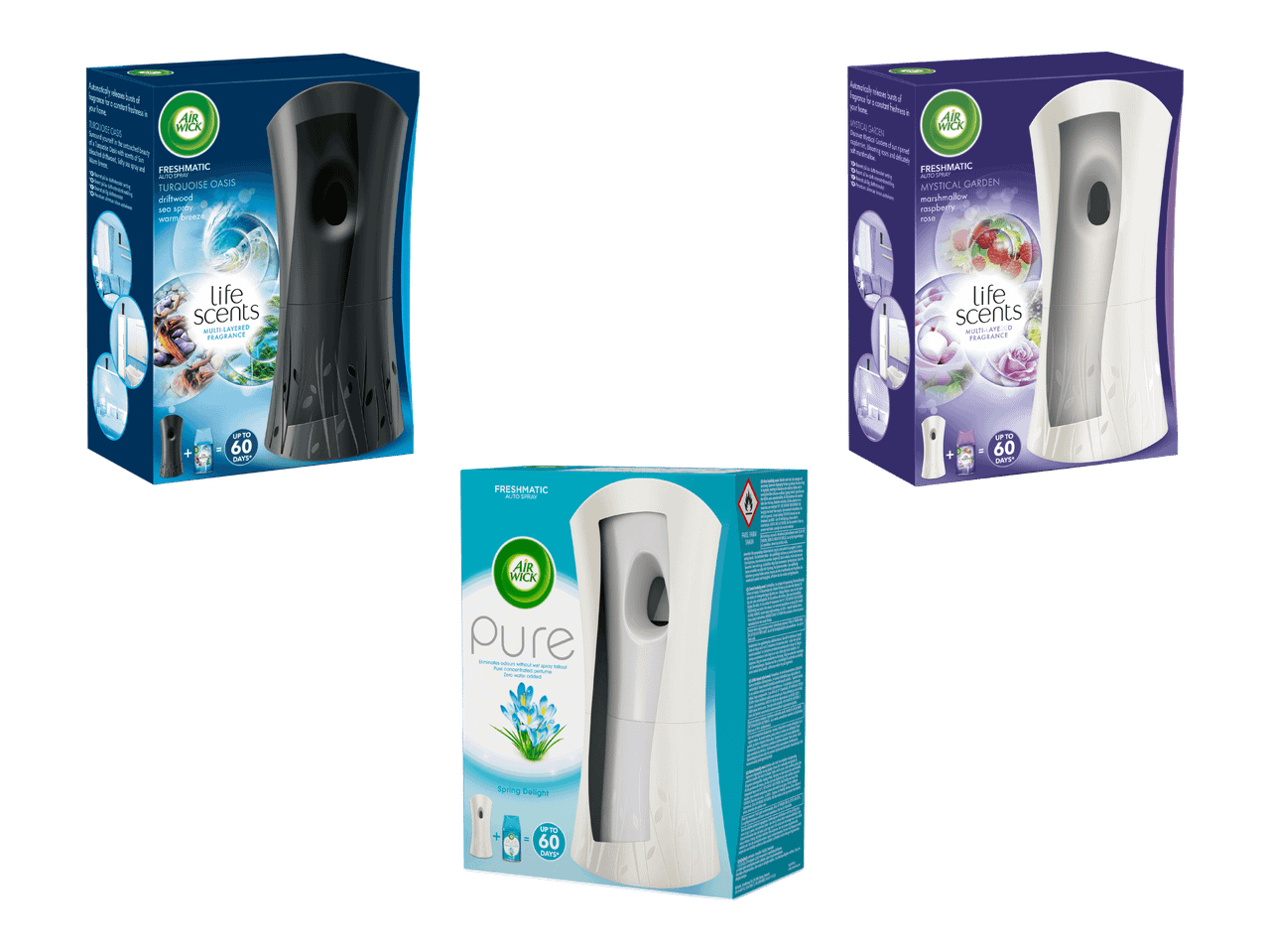 Kolme Air Wick Freshmatic -ilmanraikastinta, joissa on Turquoise Oasis, Mystical Garden ja Pure Spring Delight -tuoksut.