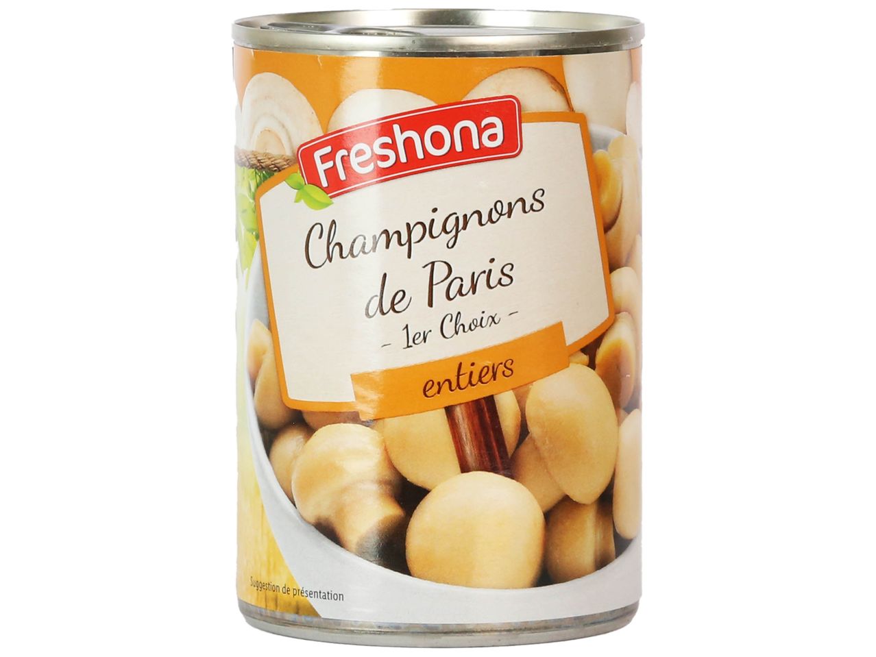 Boîte de champignons de Paris en conserve de la marque Foodtona.