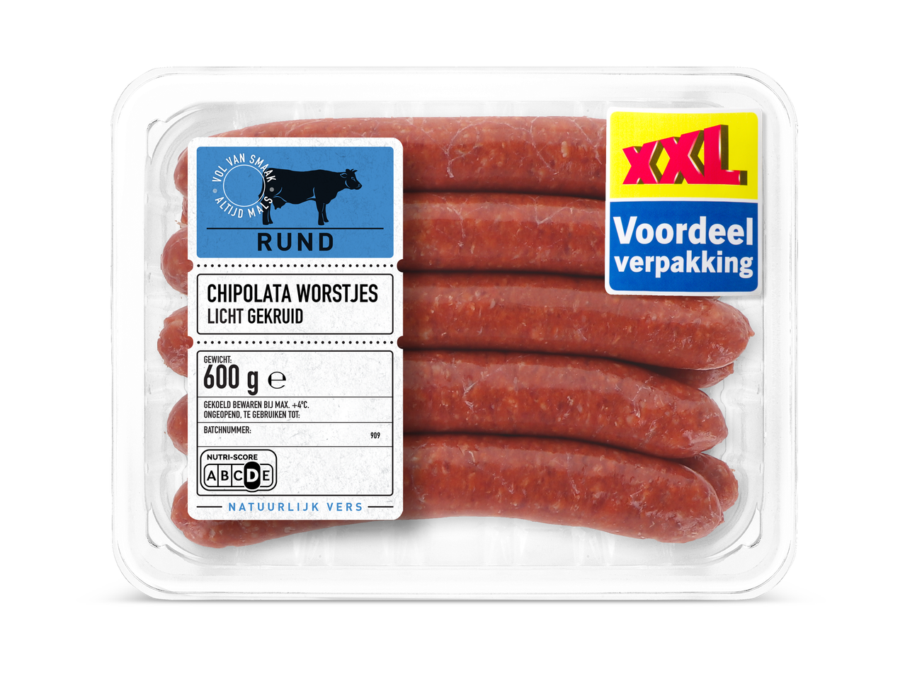 Verpakking met chipolata worstjes van rundvlees, 600 gram, met Nutri-Score D.