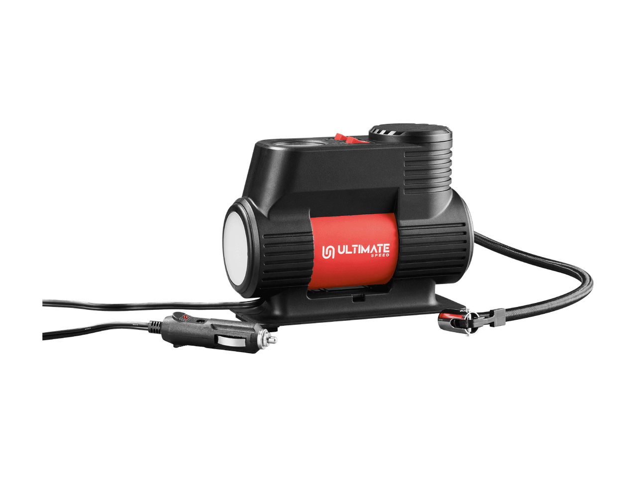 Tragbarer Mini-Kompressor mit 12V-Anschluss und integrierter Leuchte.