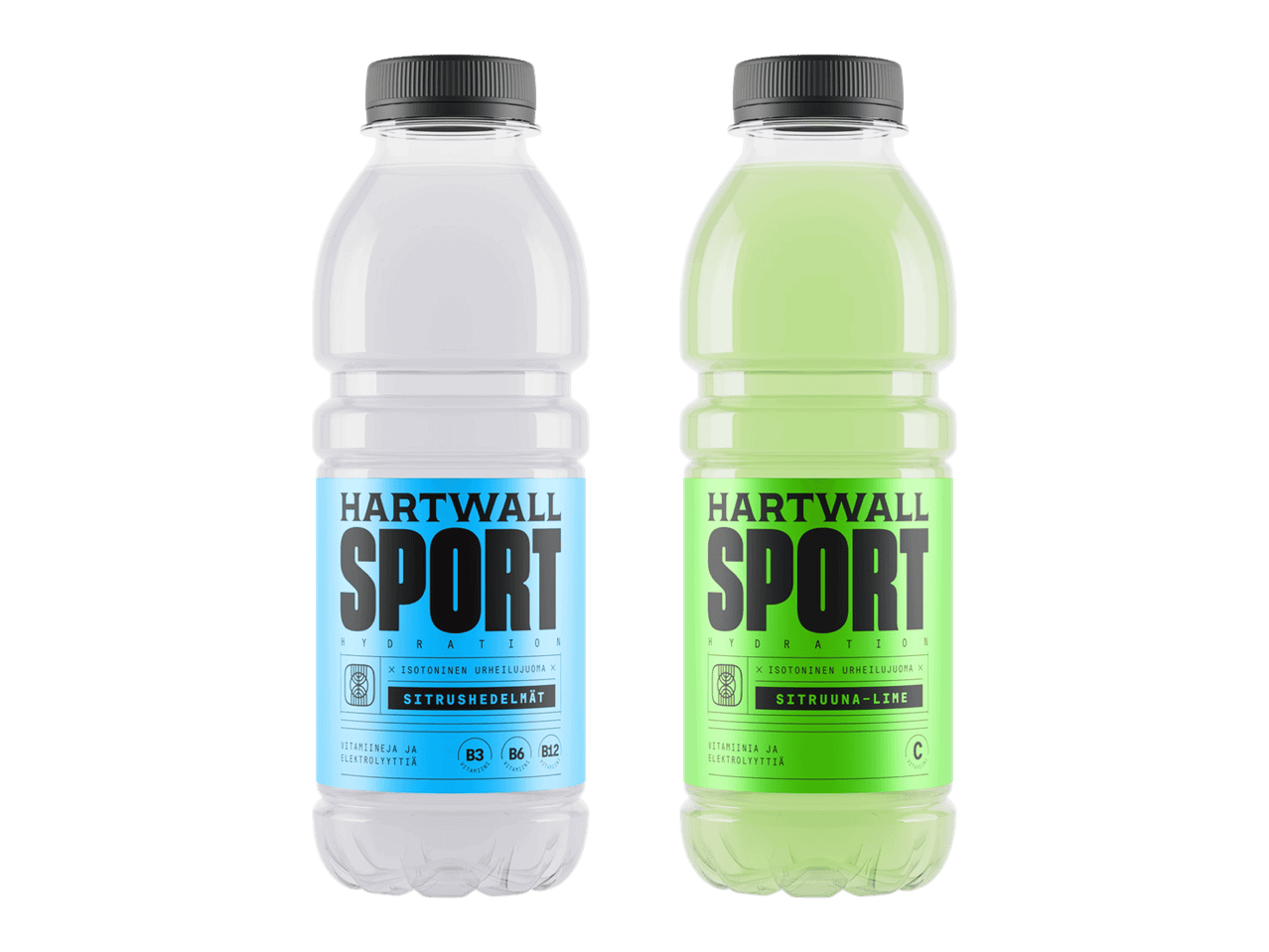Kaksi Hartwall Sport urheilujuoma pulloa, toinen sitrushedelmä ja toinen sitruuna-lime maku.