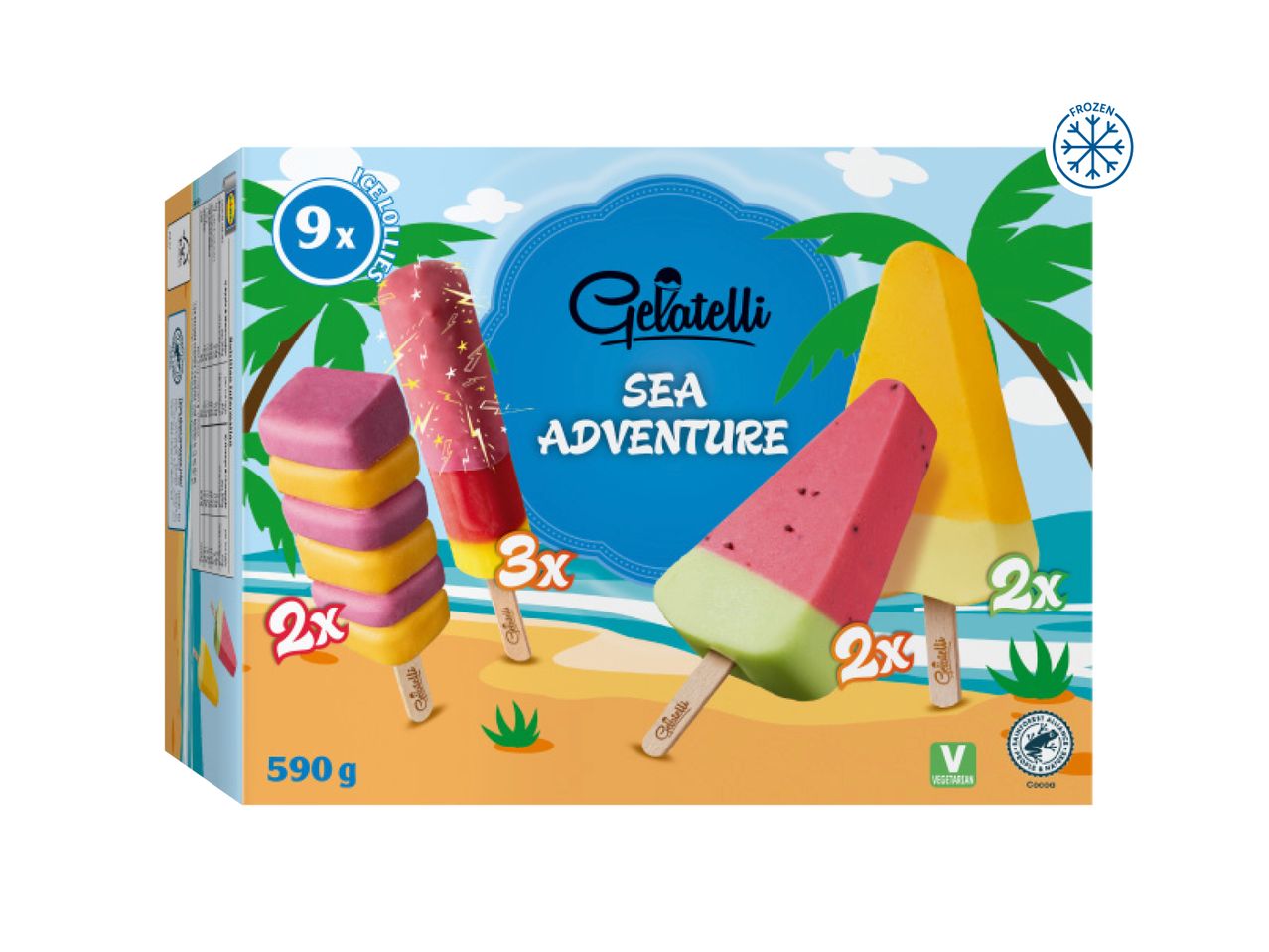 A box of 9 Frigo Sea Adventure ice pops in assorted fruity flavors.