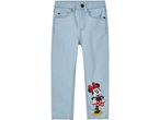 Light blue denim jeans with a Minnie Mouse graphic on the right leg.