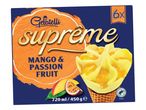 Škatla sladoleda Gelatelli Supreme z okusom manga in pasijonke.