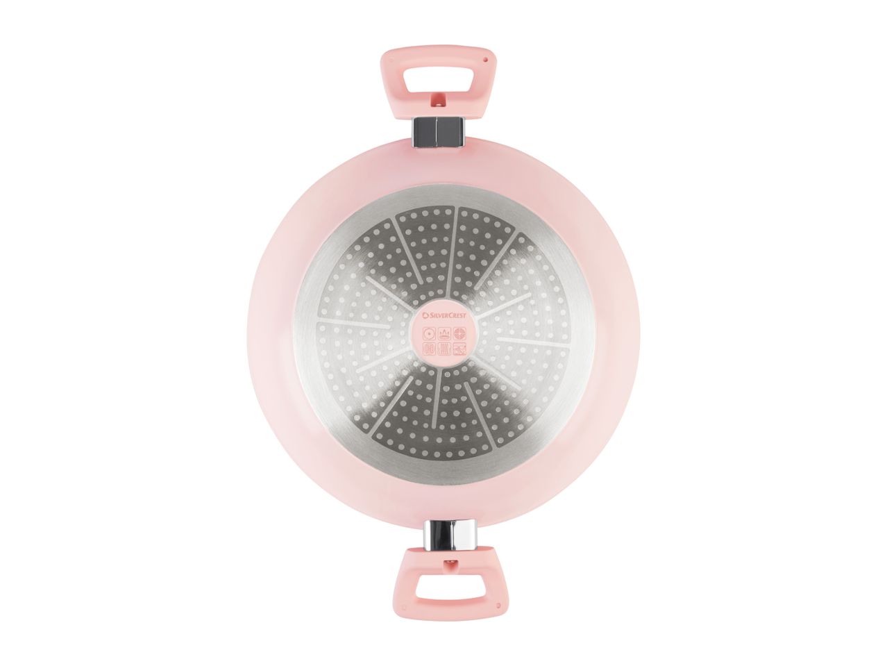 Bottom view of a pink cooking pot with two handles, showing the induction-compatible base.