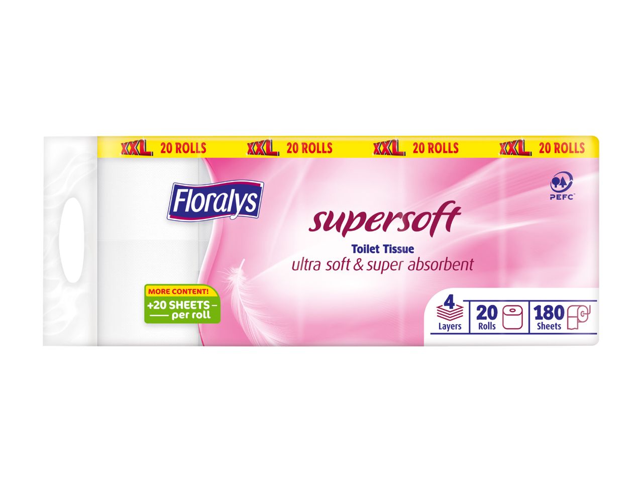 Paquet de 20 rouleaux de papier toilette Floralys supersoft, ultra doux et super absorbant.
