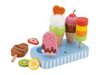 Wooden toy ice cream stand with various ice creams, popsicles, and fruit slices.