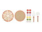 Wooden toy pizza set with slices, toppings, serving board, and utensils.