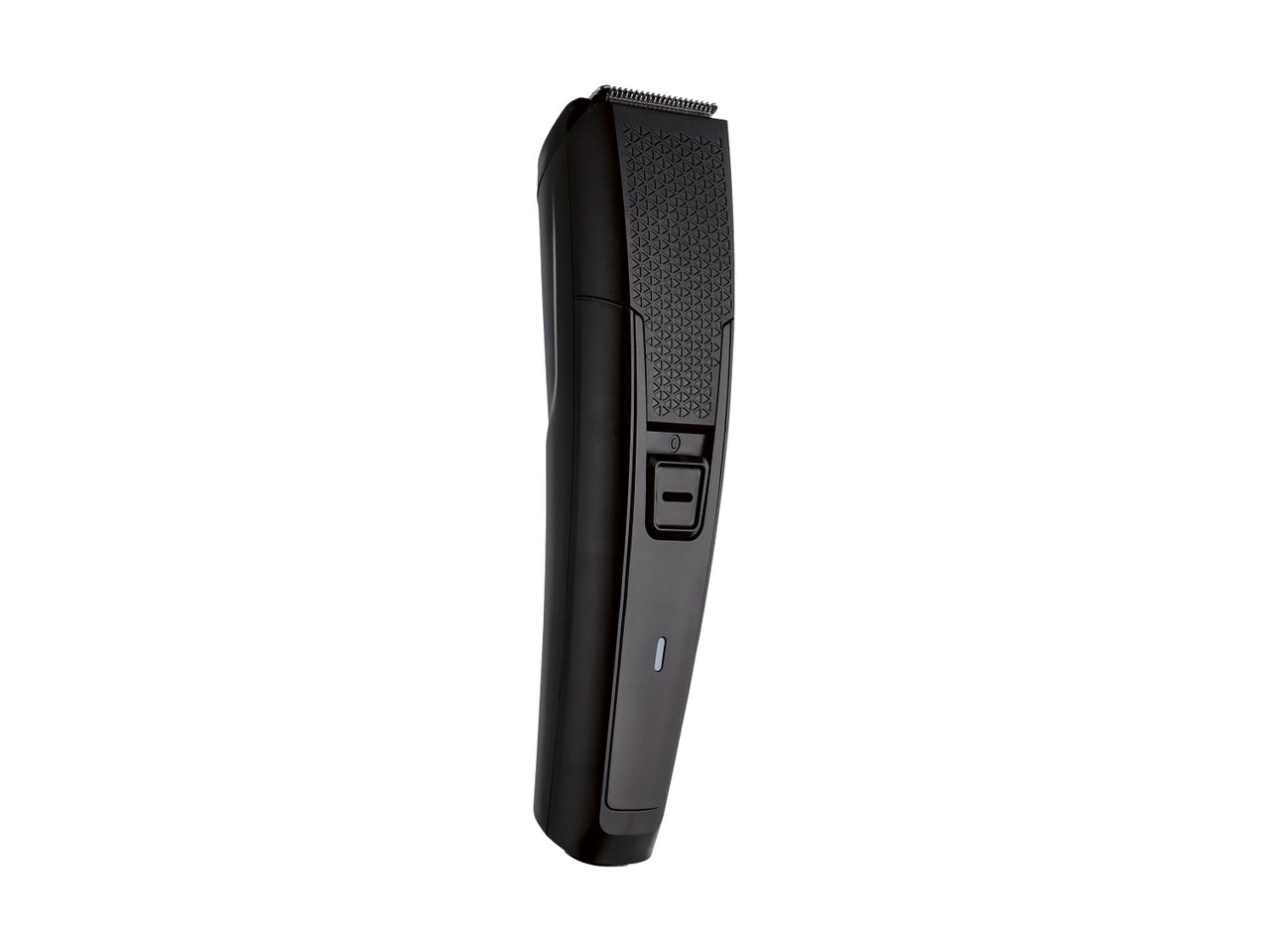 Black beard trimmer with a textured grip and a power button
