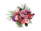 Buchet de flori cu gerbere, crizanteme și trandafiri în nuanțe de roz și roșu.