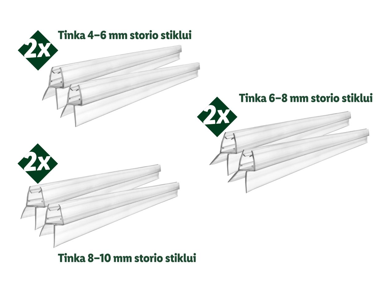 Skaidrūs stiklo sandarikliai, skirti 4-6 mm, 6-8 mm ir 8-10 mm storio stiklui.