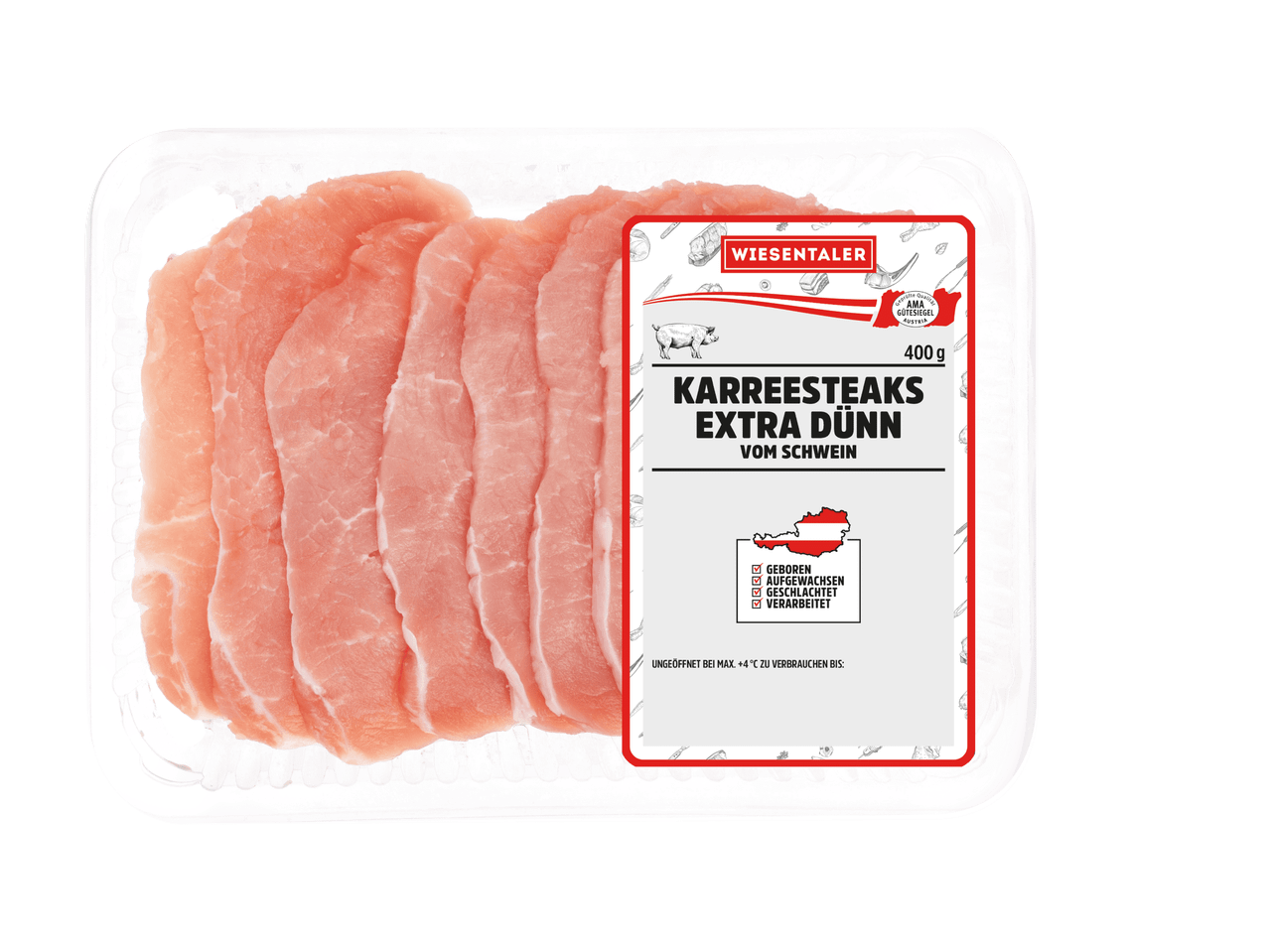 Verpackung mit dünnen Schweinekarreesteaks, 400g, mit Herkunftsangaben aus Österreich.