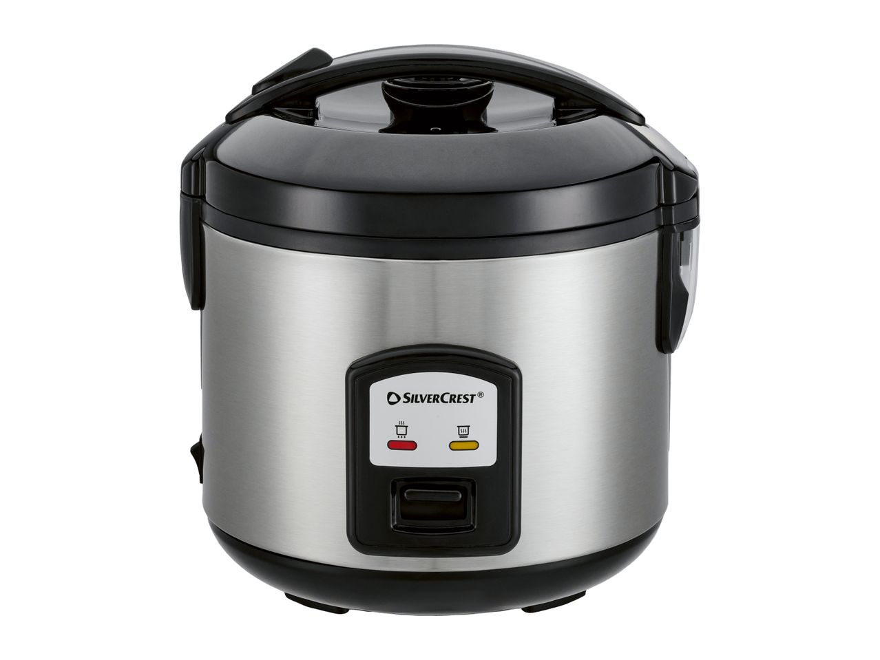 Stainless steel rice cooker with black lid and control panel