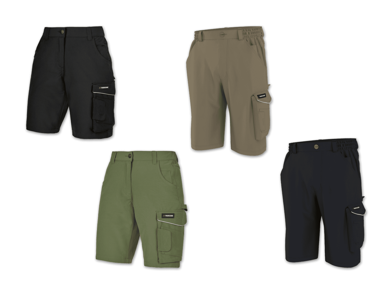 Fünf Arbeitsshorts in Schwarz, Beige, Olivgrün und Dunkelblau mit Seitentaschen.