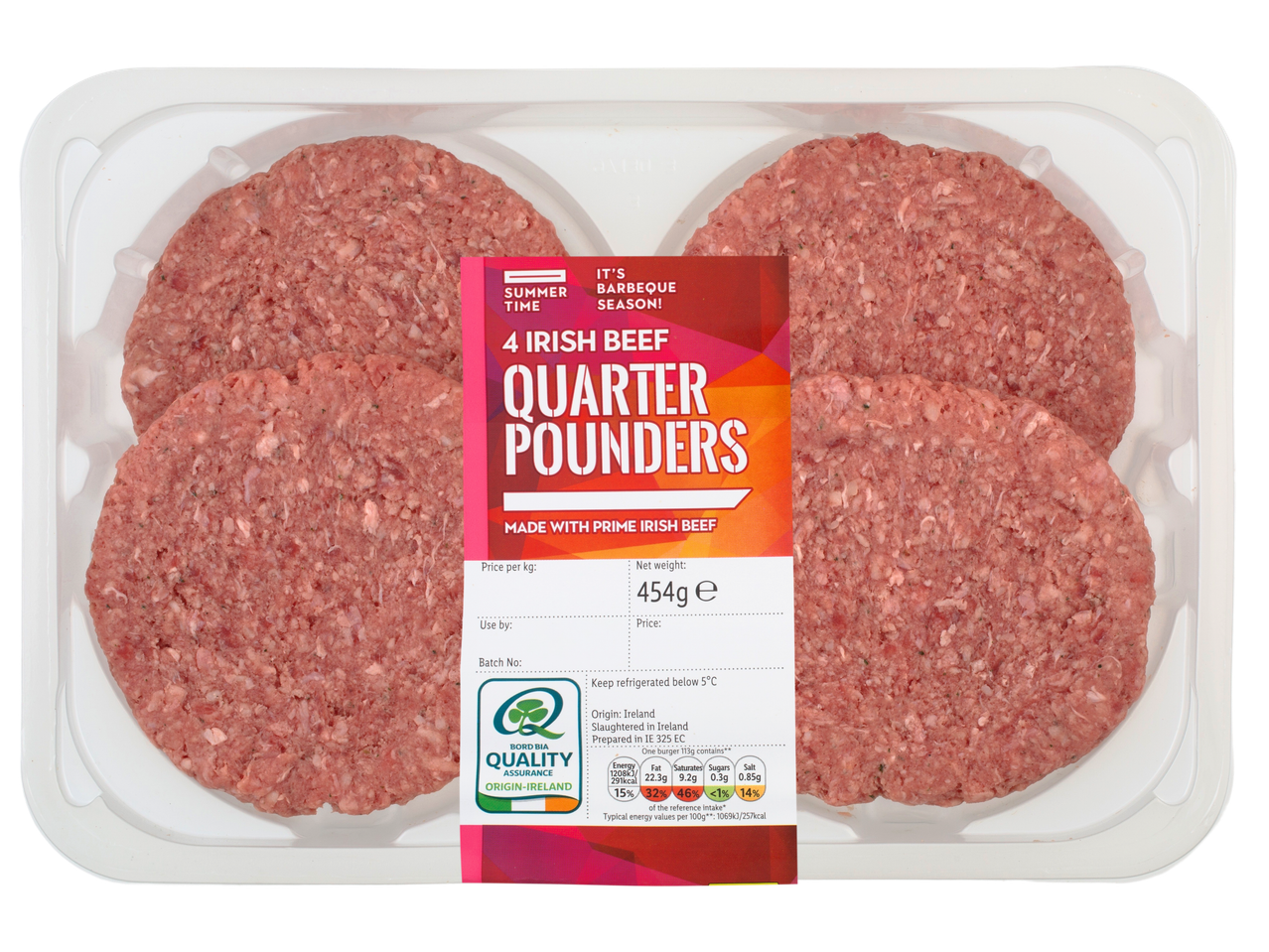 Pack of four Irish beef quarter pounder burgers, with a label indicating 'Summer Time Barbeque Season'