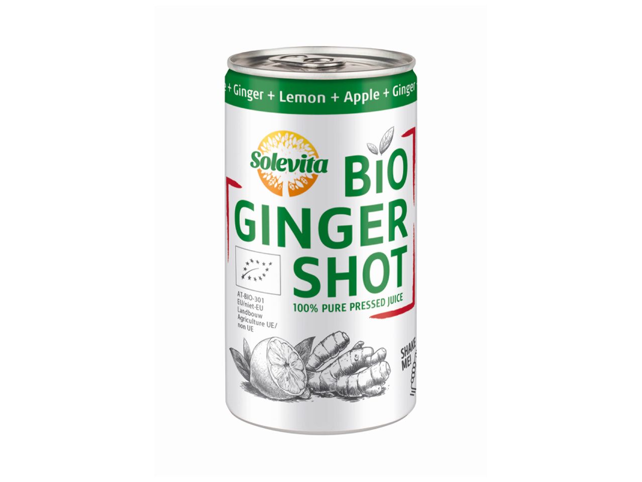Une canette de SoleVita Bio Ginger Shot, un jus pressé 100% pur avec du gingembre, du citron et de la pomme.