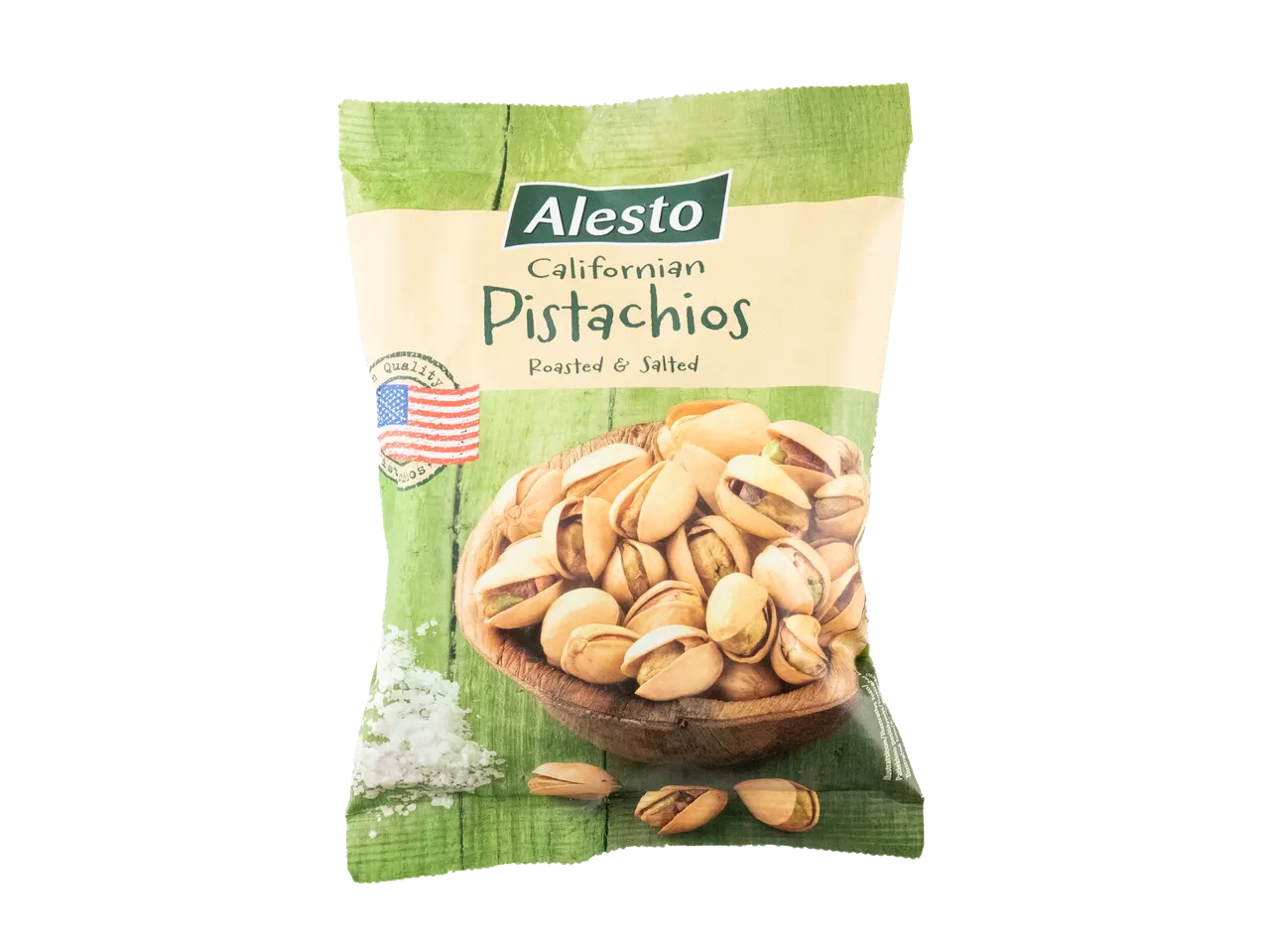Pakuotė Alesto kepintų ir druskintų Kalifornijos pistacijų.