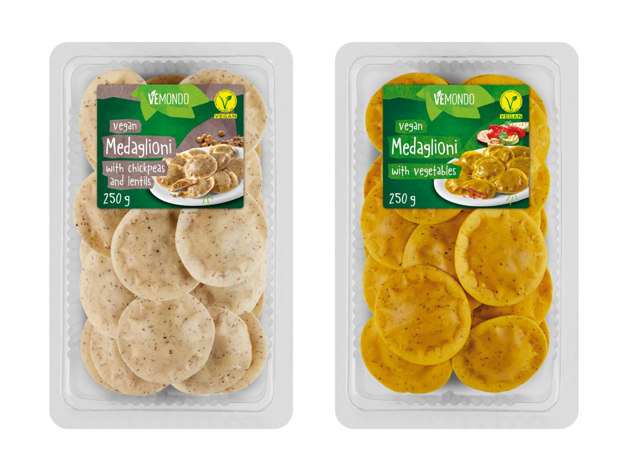 Zwei Packungen veganer Medaglioni von VEMONDO, eine mit Kichererbsen und Linsen, die andere mit Gemüse.
