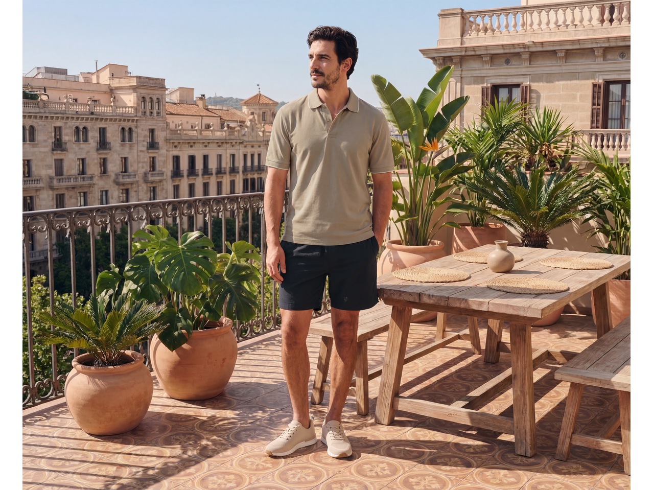 Homem de polo e calções num terraço com vista para a cidade.