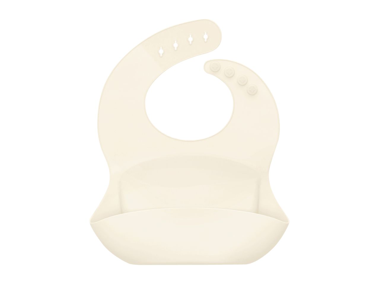 Cream-colored silicone baby bib with an adjustable neck and a catch-all pocket.