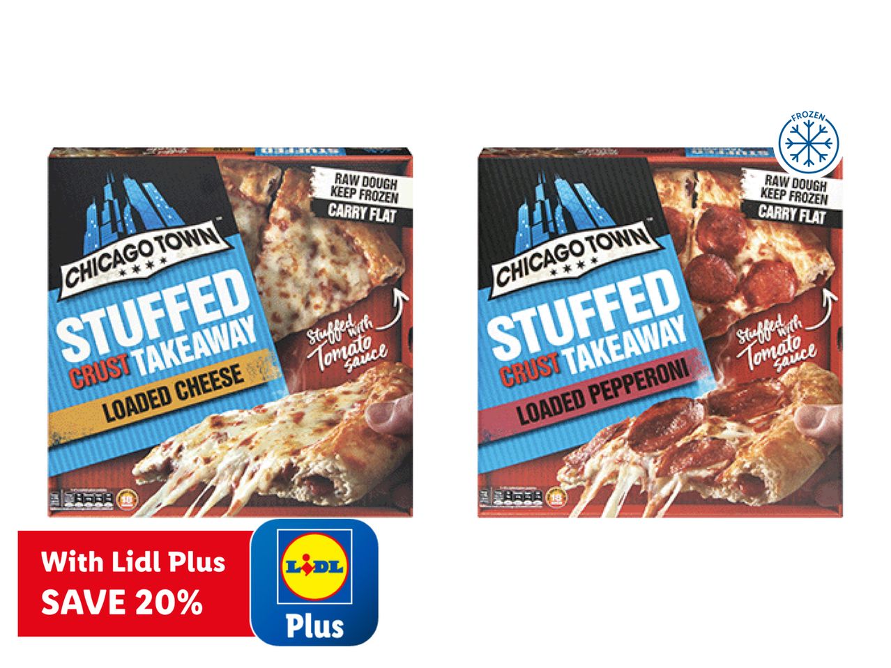 Chicago Town Stuffed Crust Takeaway pizzas (Loaded Cheese and Loaded Pepperoni) with Lidl Plus offer.