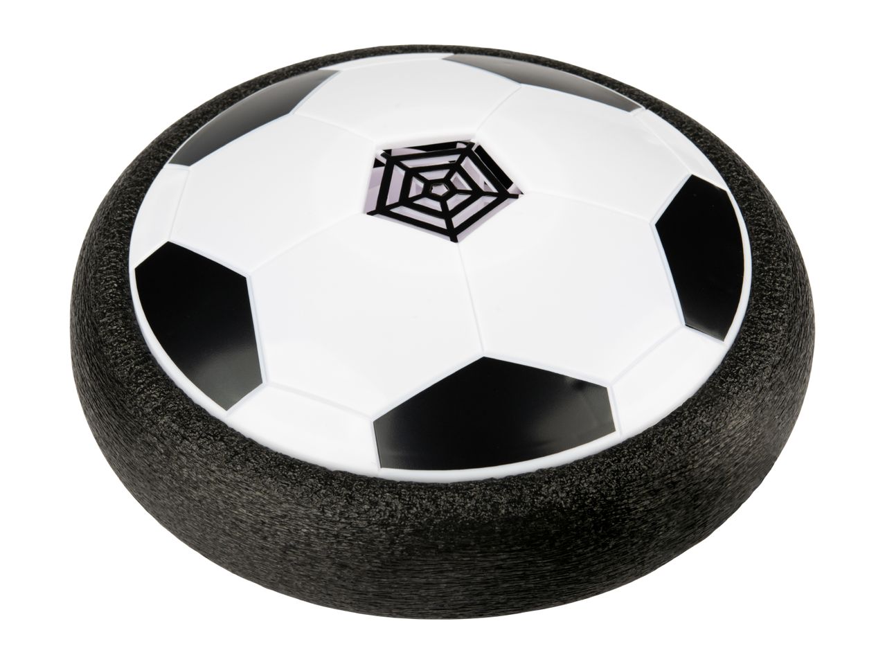 Hover soccer ball with black and white panels and a black foam bumper