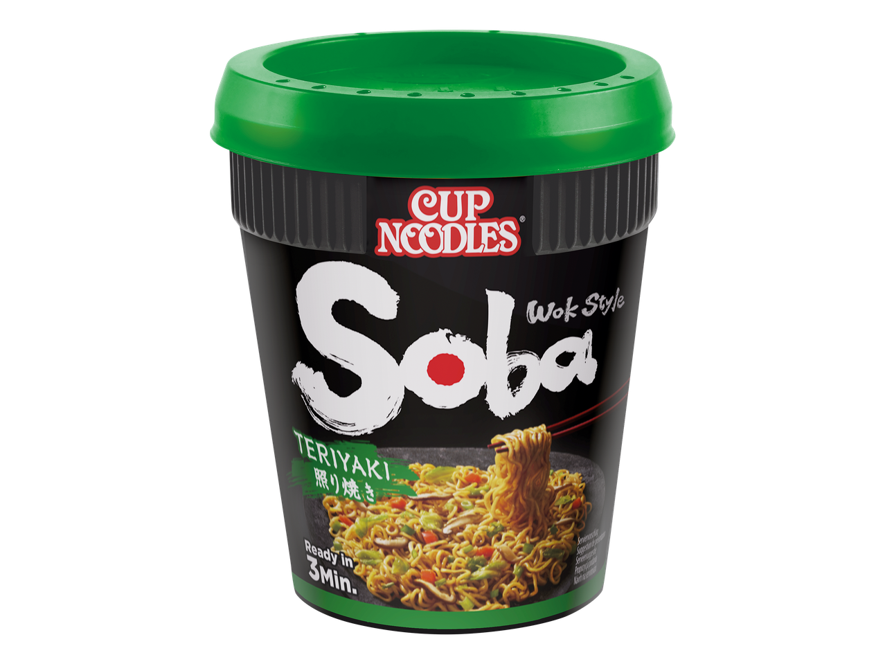 Instant noedels in een zwarte beker met groene deksel, teriyaki wokstijl, klaar in 3 minuten.